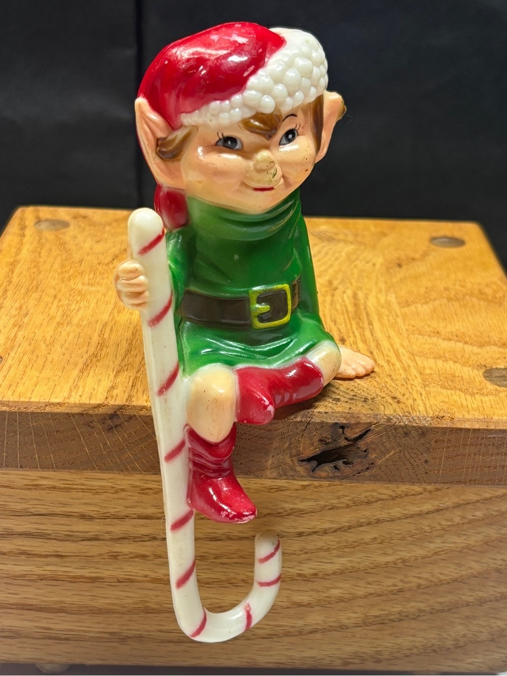 Vintage 1960’s Celluloid Plastic Elf Sitting with Candy Cane Stocking Holder